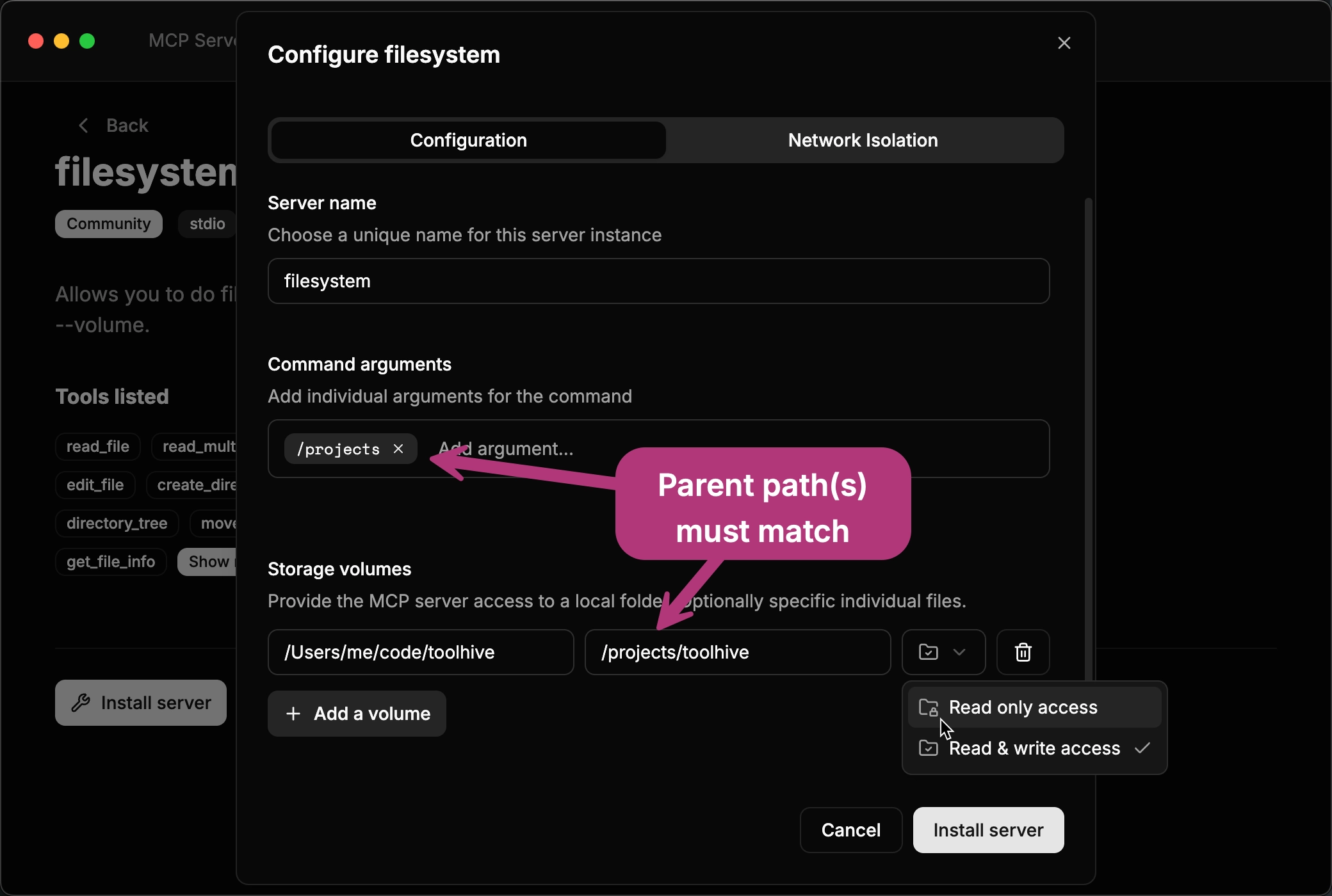 Filesystem MCP server UI